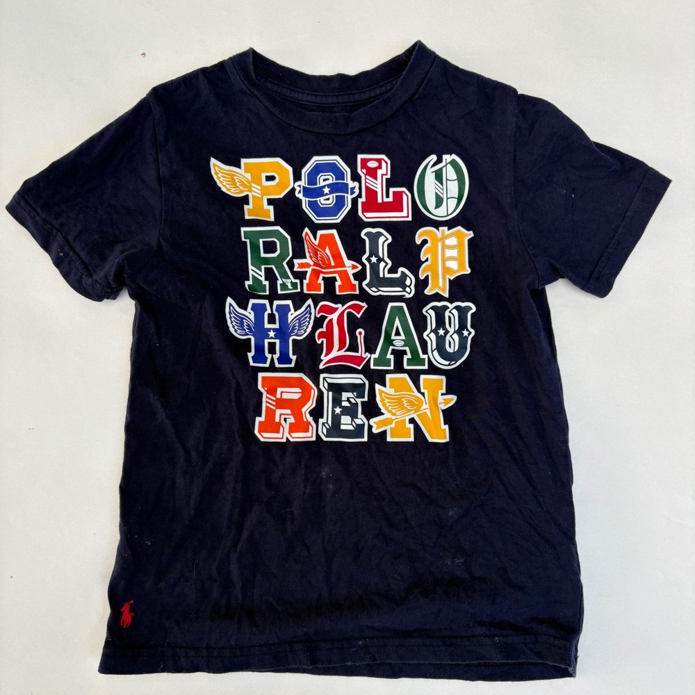 Polo Ralph Lauren Boys Navy Blue Varsity Graphic T-Shirt Size 7 Short Sleeve